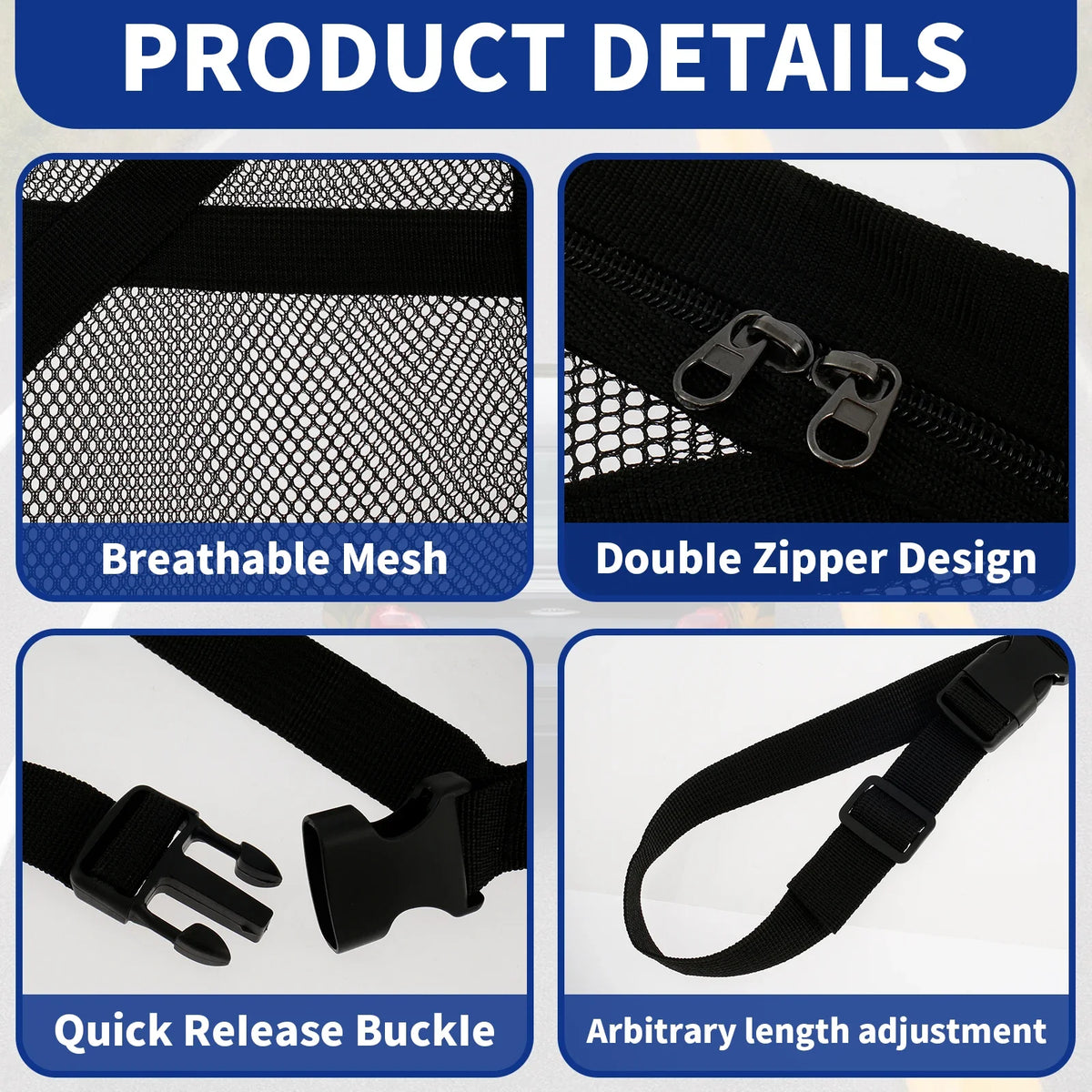 Black car ceiling cargo net with a double zipper design and quick release buckle for overhead storage