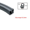 Black U-shaped EPDM rubber edge trim with dimensions and grip range specifications