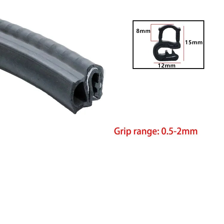 Black U-shaped EPDM rubber edge trim with dimensions and grip range specifications
