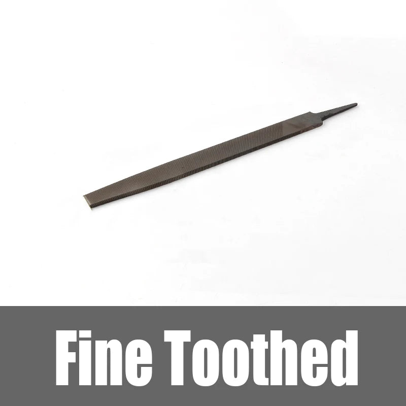 A close-up view of a fine toothed flat file made of high carbon steel for precision metalworking.