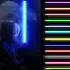 A person holding an RGB metal lightsaber with 16 color modes displayed in a vertical light bar array.