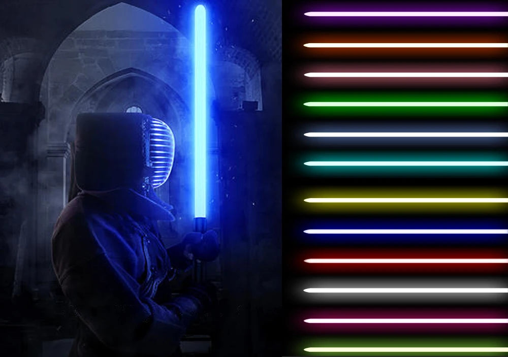 A person holding an RGB metal lightsaber with 16 color modes displayed in a vertical light bar array.