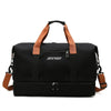 Black large capacity water-resistant travel duffle bag with brown leather handles