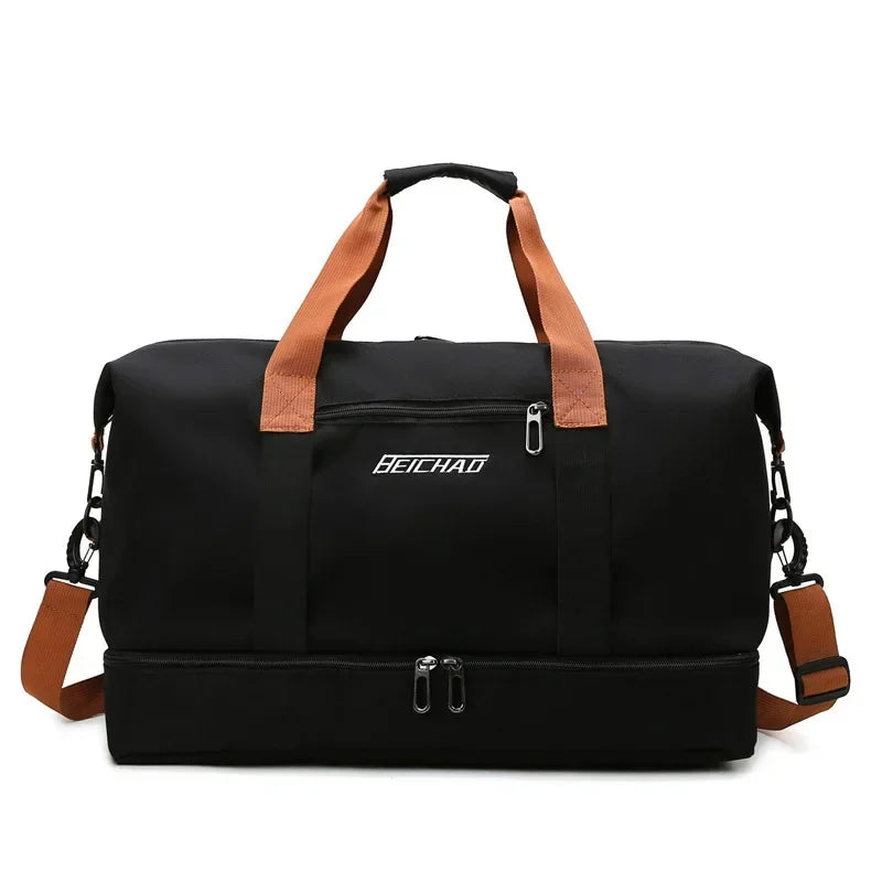 Black large capacity water-resistant travel duffle bag with brown leather handles