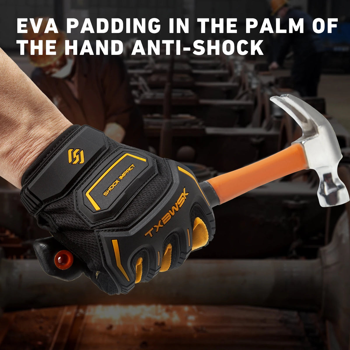 Close-up of a hand gripping an impact hammer with EVA padding on the palm, showing the grip of the TXBWSK work glove.