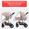 A transparent waterproof rain cover for a stroller, shown folded and unfolded.