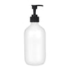 A white refillable soap dispenser bottle with a black pump top.