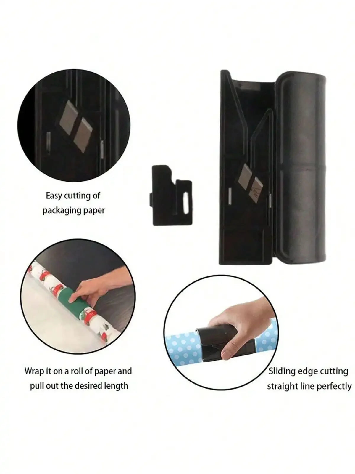 Portable wrapping paper cutter showing easy cutting of packaging paper and sliding edge cutting