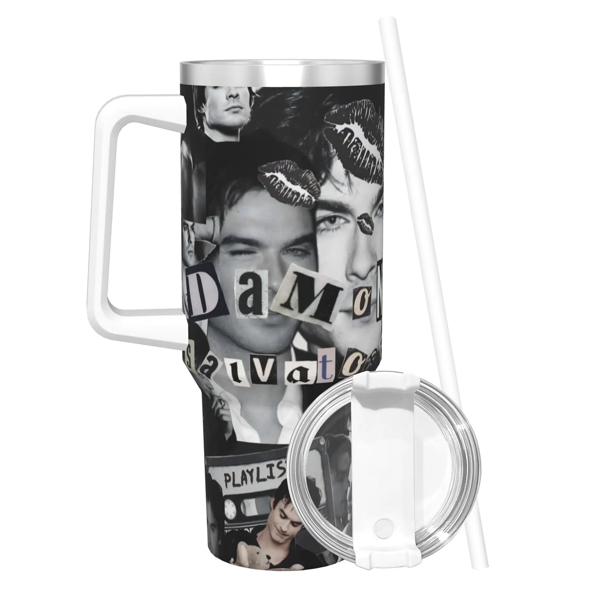 A stainless steel tumbler with a straw lid featuring a portrait of a man.