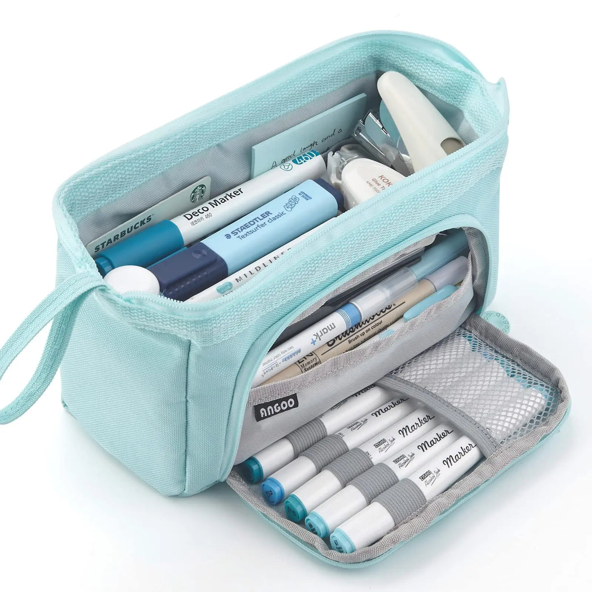 A light blue pencil case with a drawstring closure showing various pens and markers inside.
