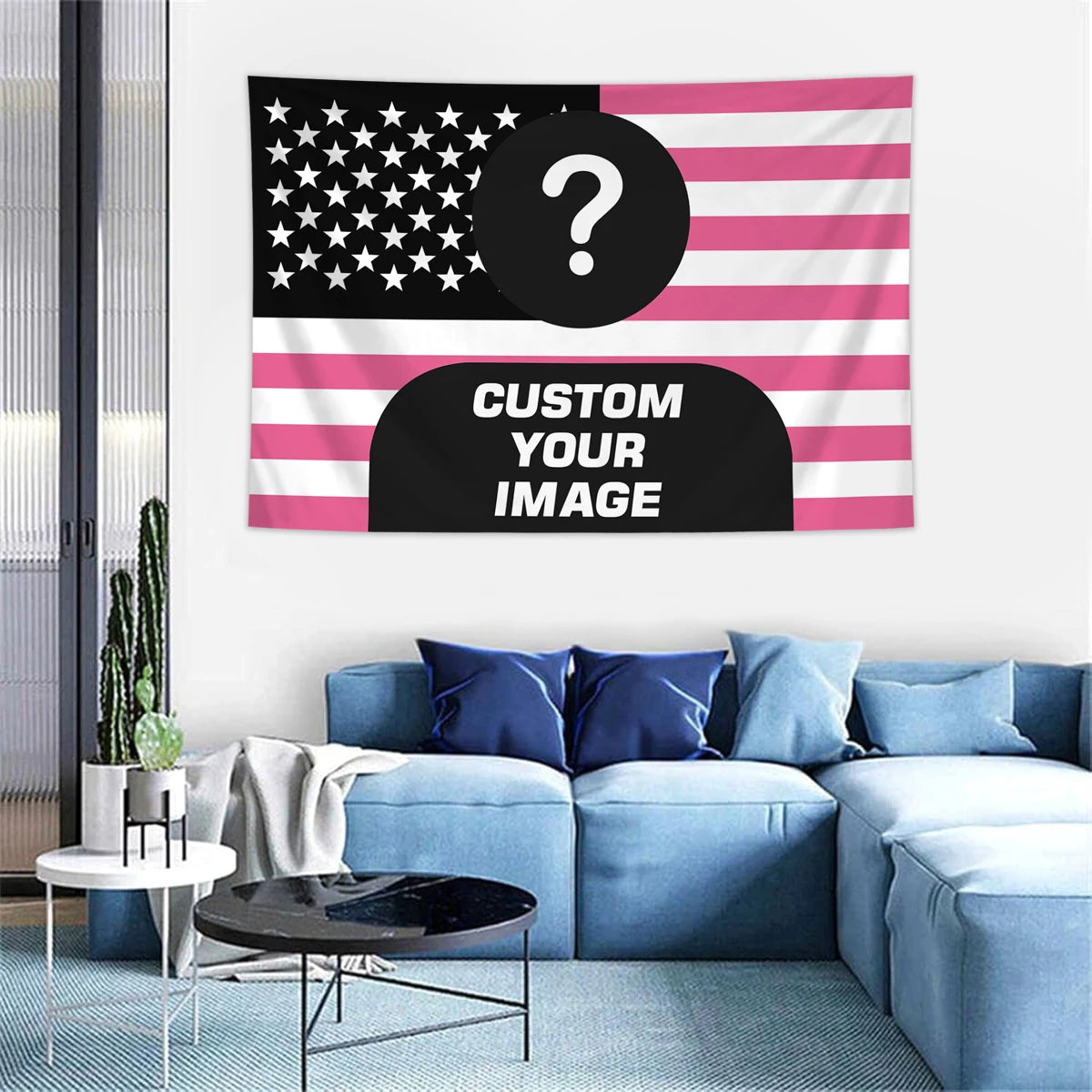Pink-schwarz gestreifte Flaggen-Tapestry mit einem großen Fragezeichen auf weißem Hintergrund