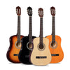 Four acoustic classical guitars in various wood finishes including spruce and mahogany.