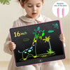 Une jeune fille tient une tablette LCD rose affichant un dessin de girafe verte.