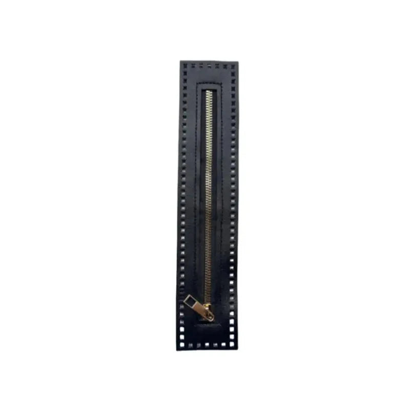 A vertical black leather zipper with a brass pull, measuring 27cm long for bags and sewing projects.