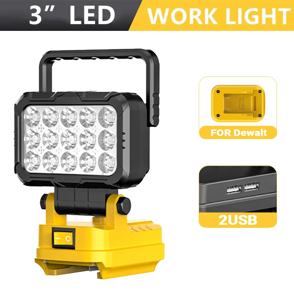 A black portable 3 inch LED work light with a yellow base and USB port for Dewalt tools.