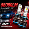 Two bright white LED headlight bulbs with cooling fans are shown next to a blue sports car.