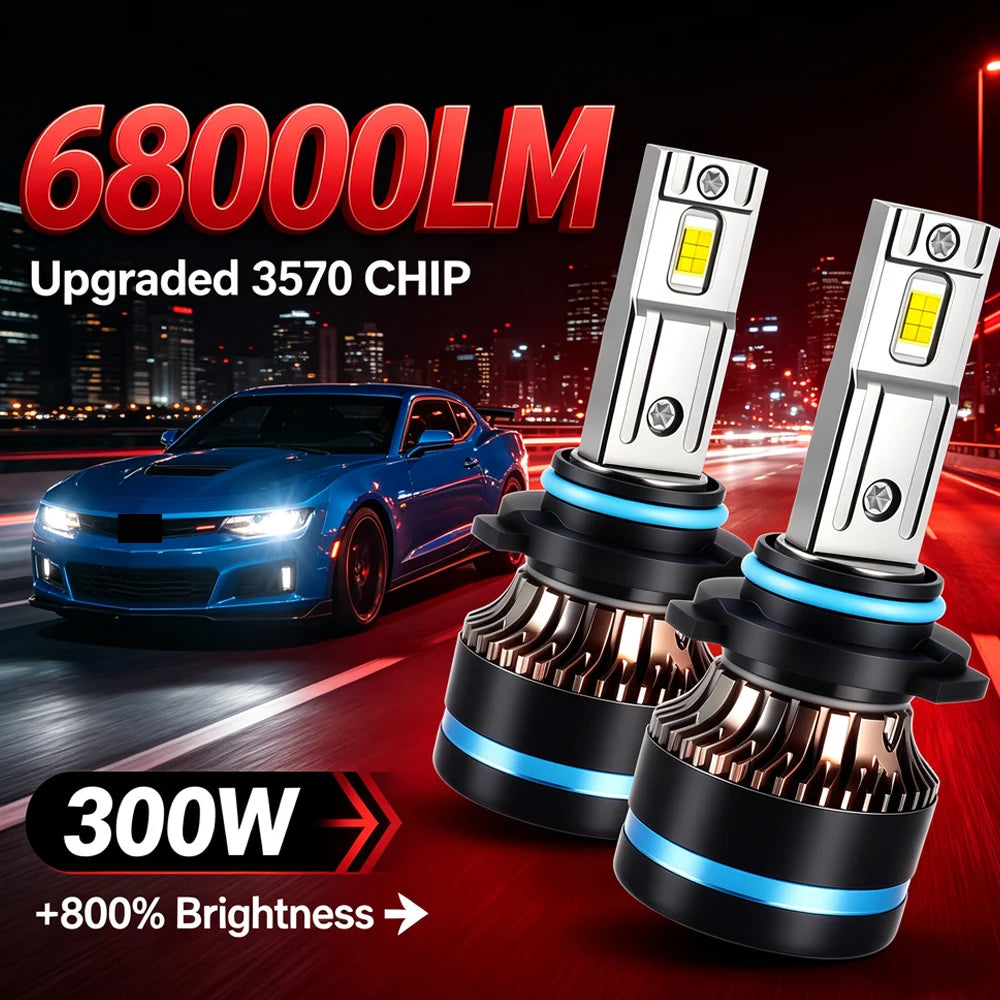 Two bright white LED headlight bulbs with cooling fans are shown next to a blue sports car.