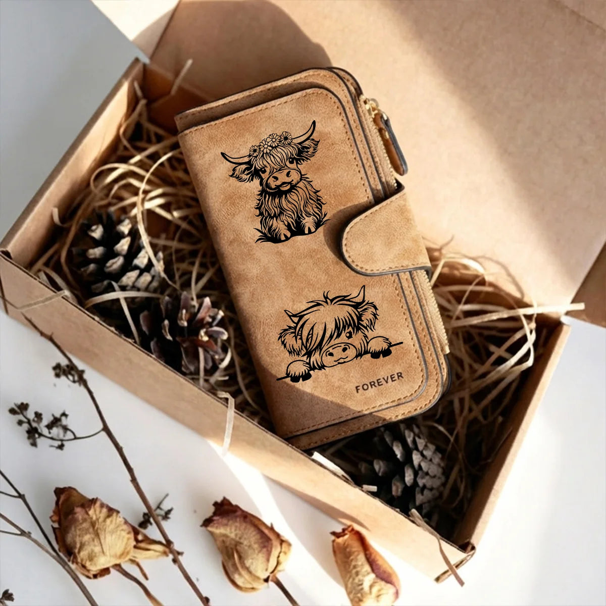 Adorable Highland Cow Long Wallet with Zipper Closure