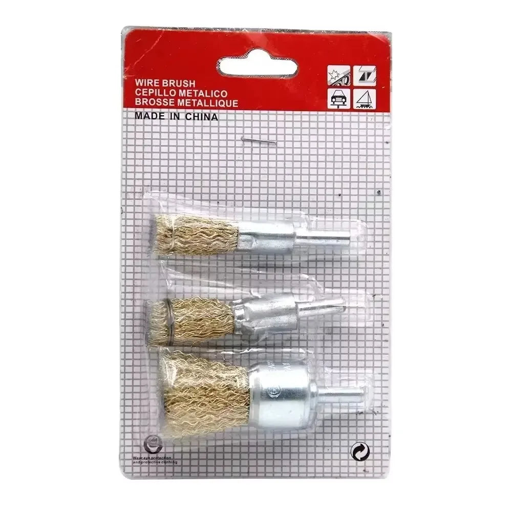 A set of three metal wire brush wheels packaged in a cardboard container.