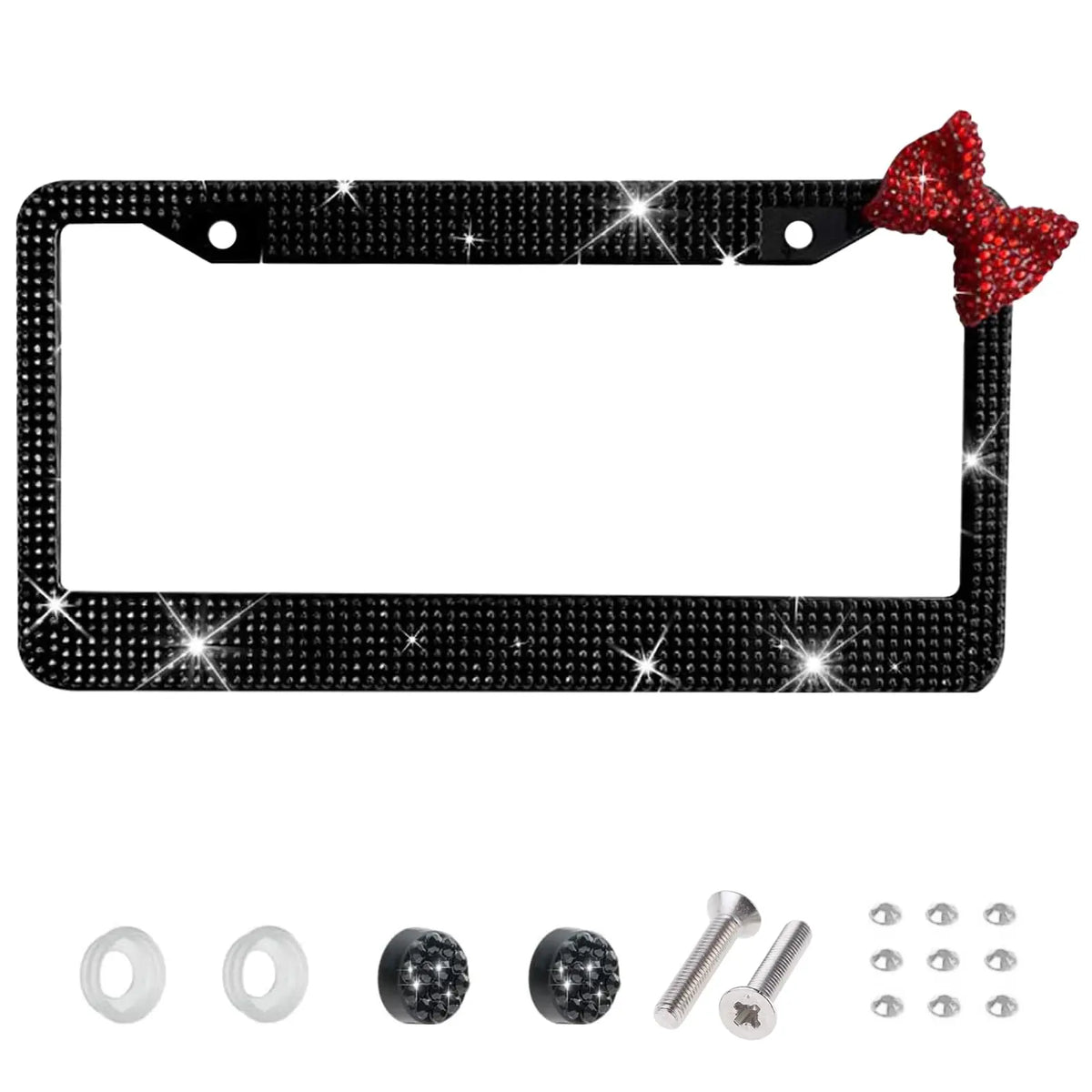 Black rhinestone license plate frame with a red bow accent and mounting hardware