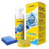A yellow and blue bottle of Autogo multi-surface foaming cleaner with a blue cleaning cloth and foam disc.