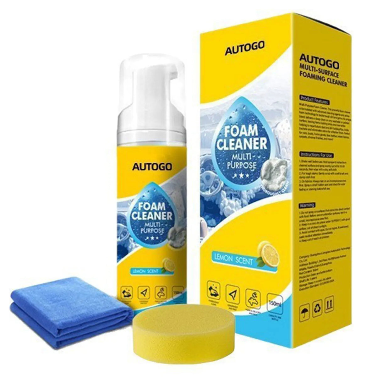 A yellow and blue bottle of Autogo multi-surface foaming cleaner with a blue cleaning cloth and foam disc.
