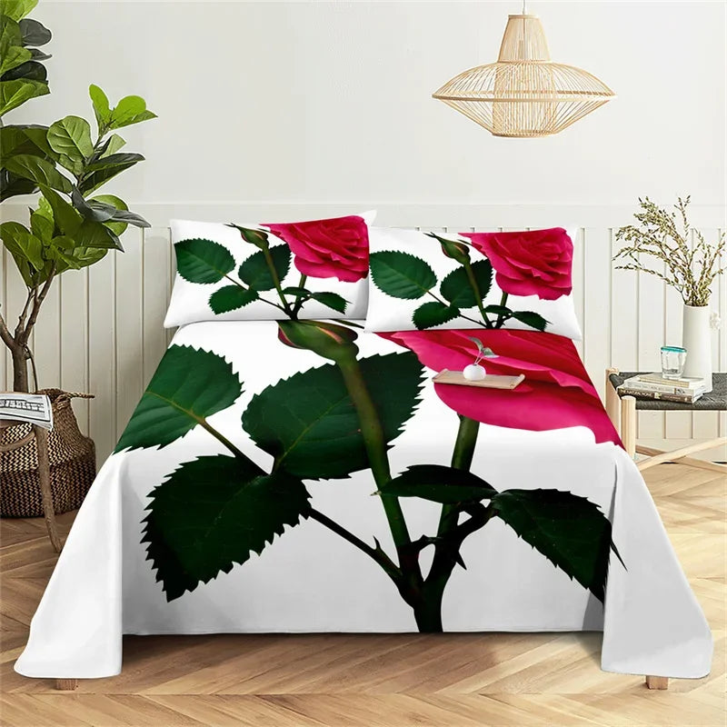 A bedding set featuring a large digital print of vibrant pink and red roses on a white background.
