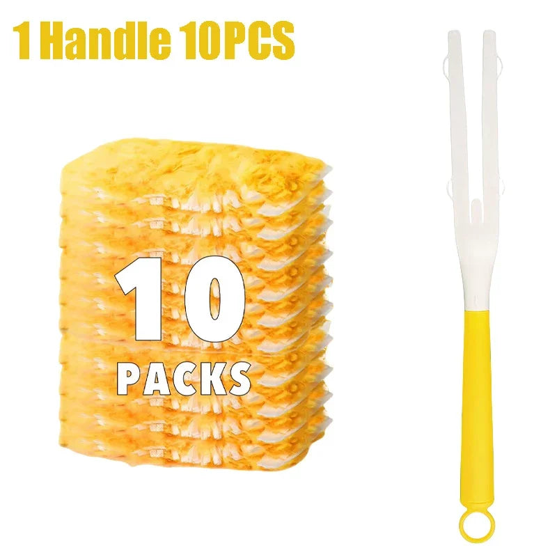 Ten packs of disposable microfiber duster refills with yellow handles.