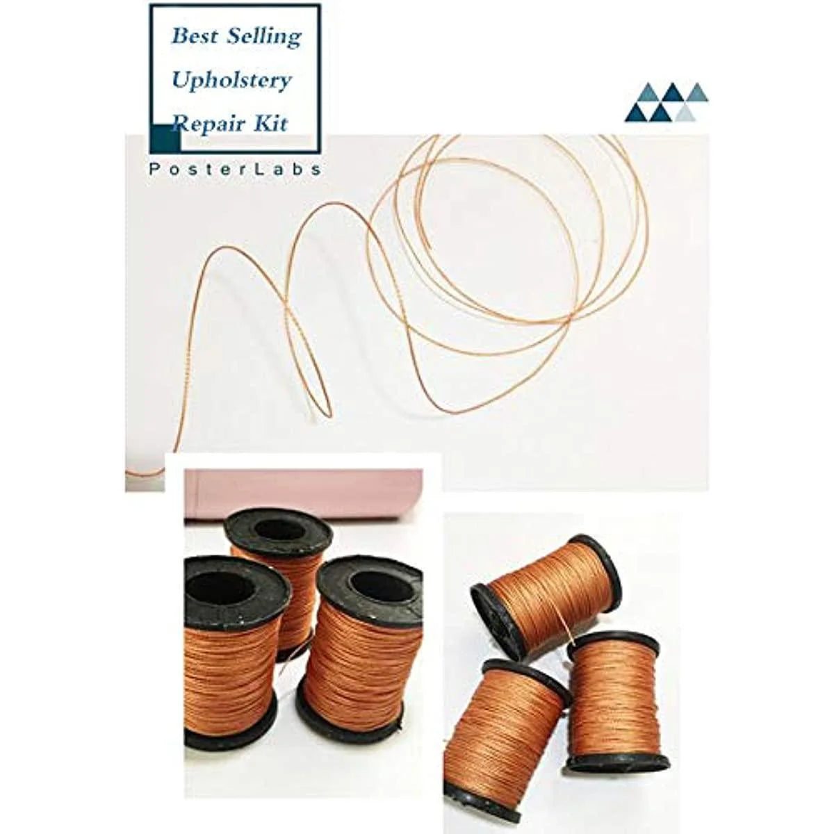 Spools of heavy duty nylon thread in various shades of brown and gold for upholstery repair kit
