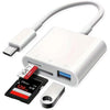 A white 3-in-1 USB-C memory card reader with a cable and three memory cards shown.