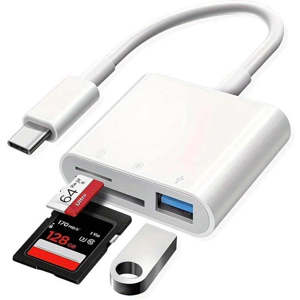 A white 3-in-1 USB-C memory card reader with a cable and three memory cards shown.