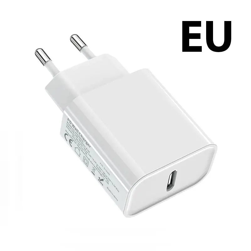 Weißes PD-Schnellladungskabel mit USB-C-Anschlüssen und einem rechteckigen Ladekabelblock.