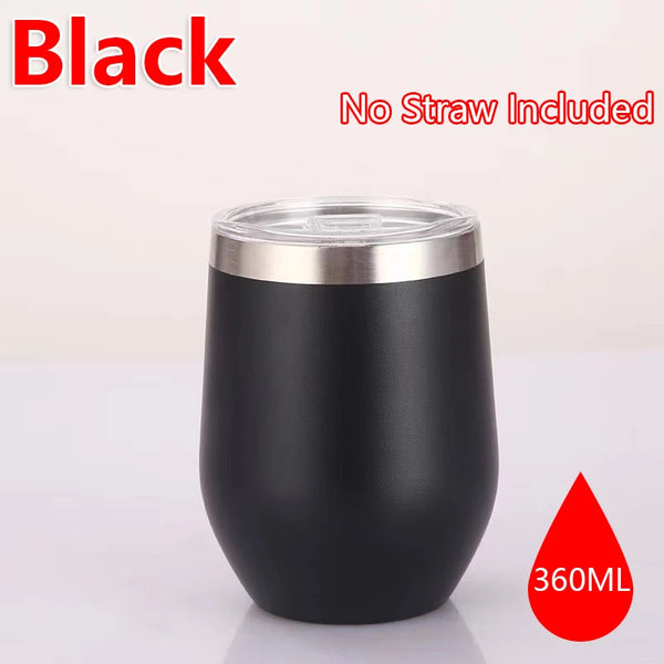 Black 360ml stainless steel eggshell wine tumbler with a silver lid, no straw included.