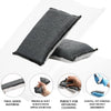 A gray two-sided microfiber scrubbing sponge pad shown with close-ups demonstrating its material and cleaning application.