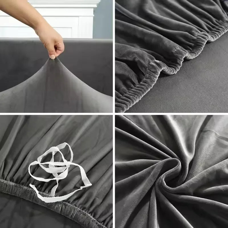 Close-up view of a dark gray plush velvet elastic sofa cover being fitted onto a sofa fabric.