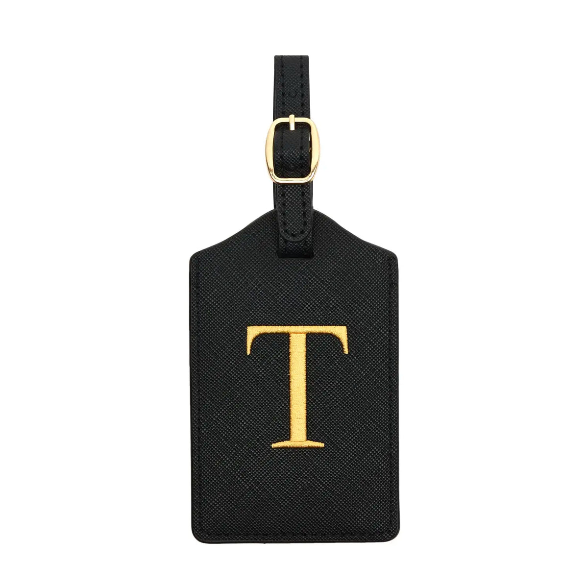 Black PU leather luggage tag with a gold-toned letter T and a metal loop for attachment.