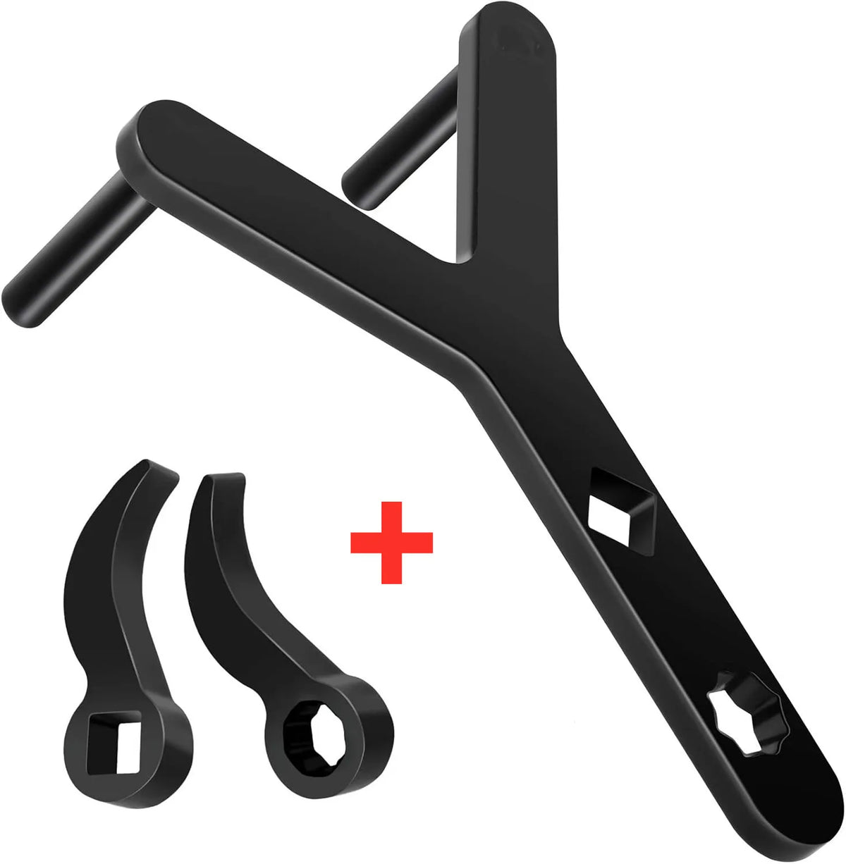 A black heavy-duty control arm pry tool kit with a 1/2 inch drive adapter shown in various forms.