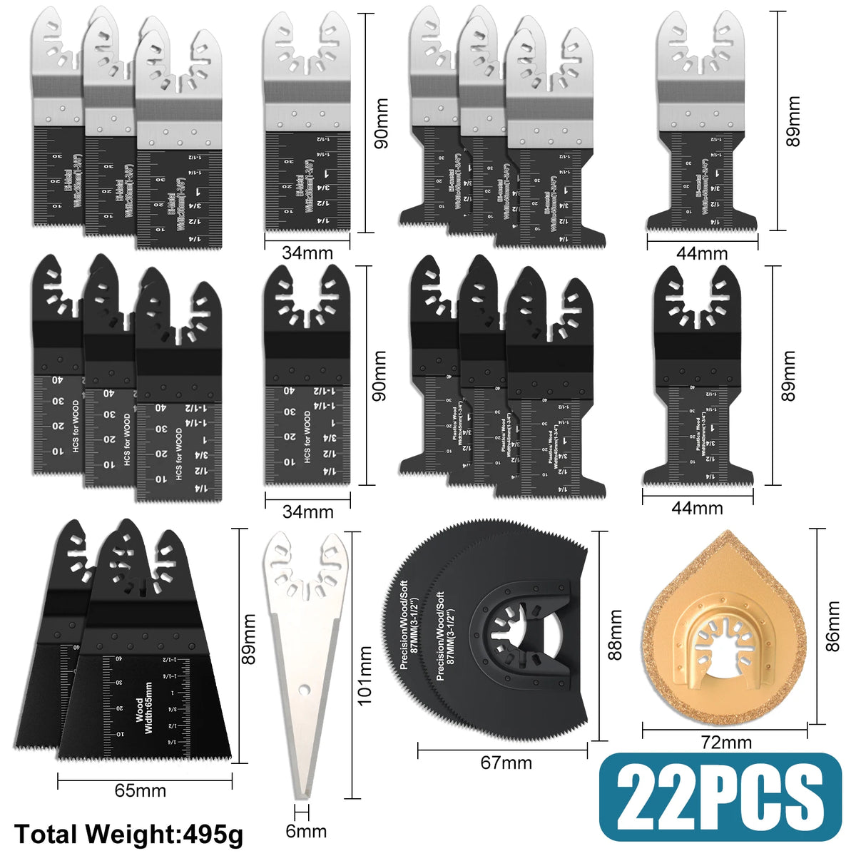 A set of 22 oscillating multi-tool blades and accessories, including various sizes and a total weight of 495g.
