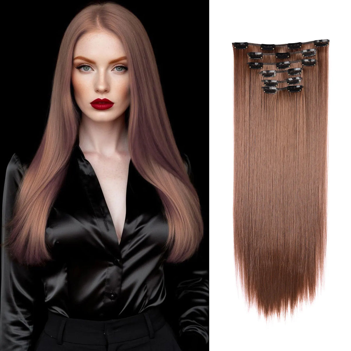 Un mannequin montre un gros plan d'extensions de cheveux clip-in droites de 22 pouces dans une couleur brun chaud.