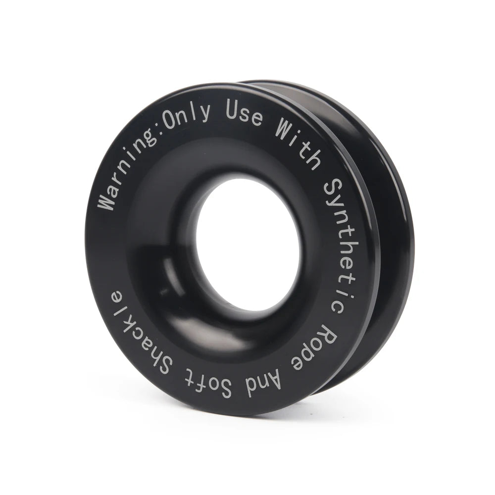 Black recovery ring designed for use with synthetic rope and soft shackles