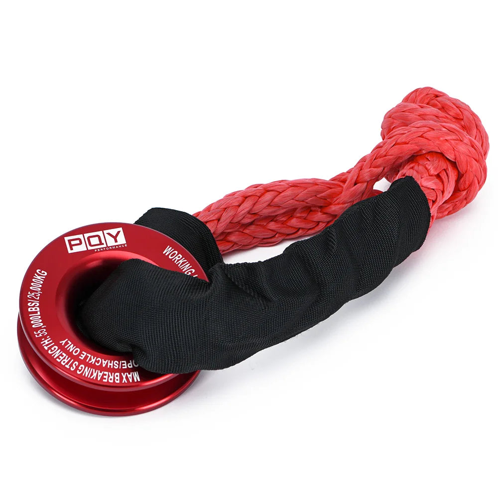 A red synthetic winch rope is coiled and wrapped around a black protective sleeve, demonstrating a recovery ring setup.