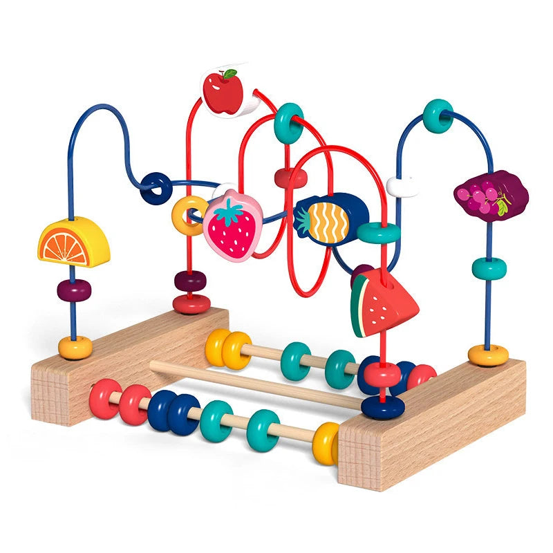 A wooden bead maze toy featuring colorful fruit shapes and rings for toddlers.