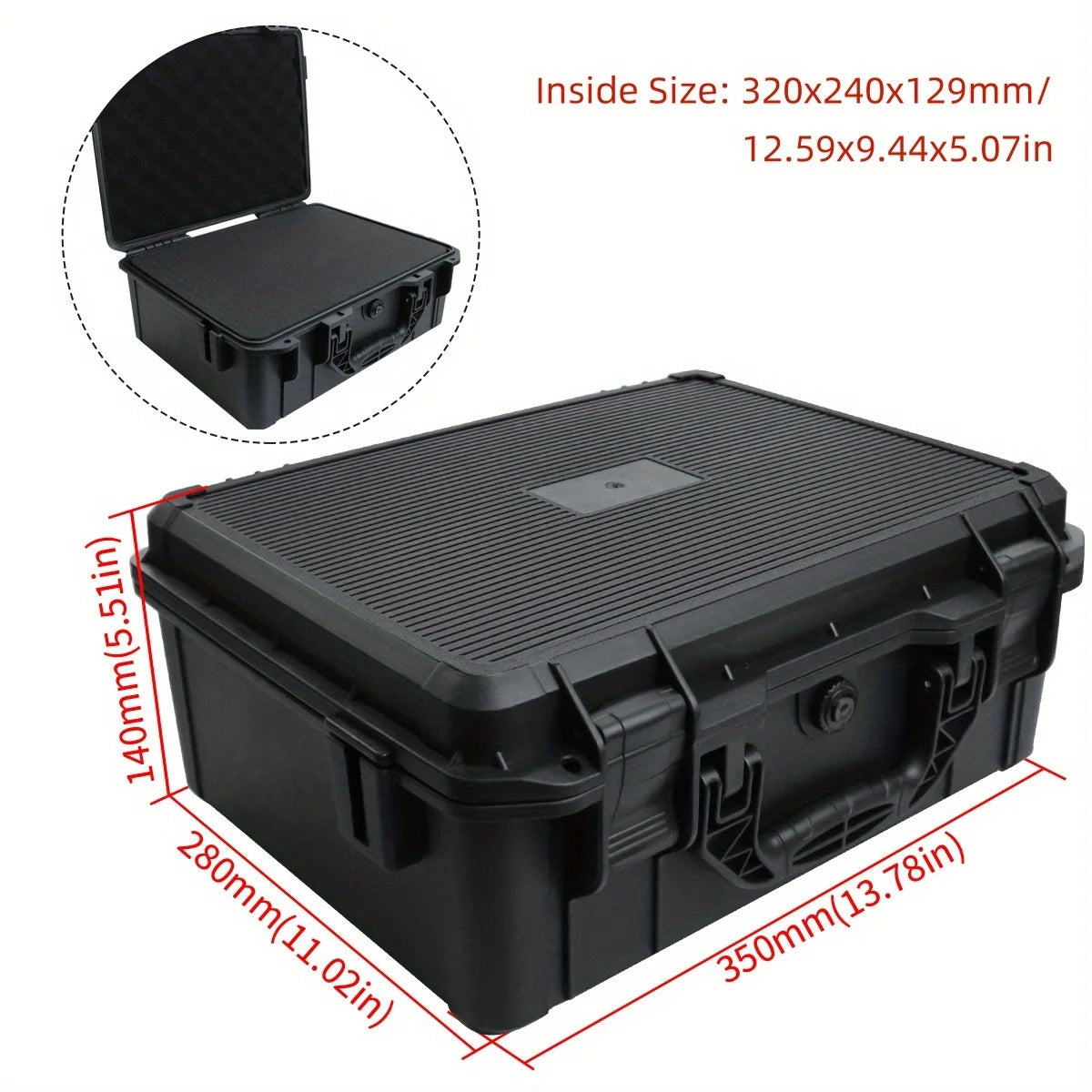 Black hard shell protective storage case for tools and instruments shown with dimensions.