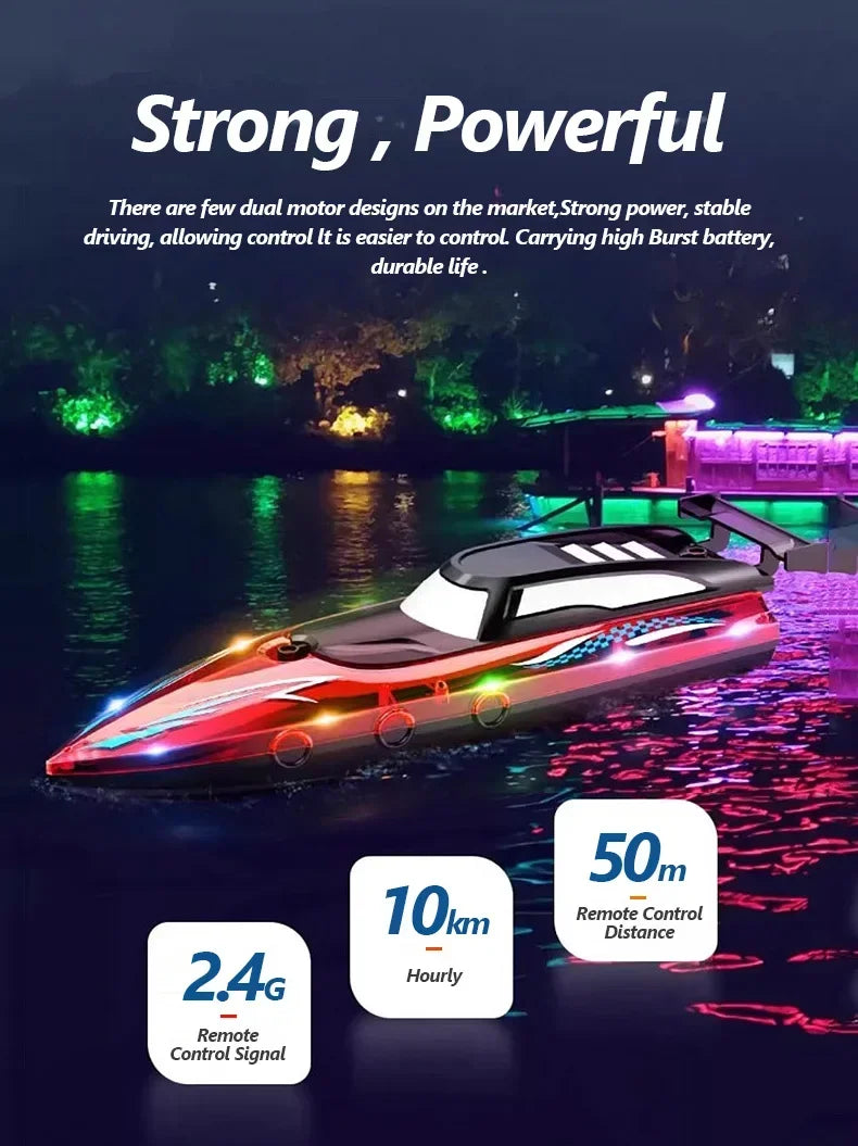 A red and black high-speed RC speedboat with LED lights is shown on the water at night.