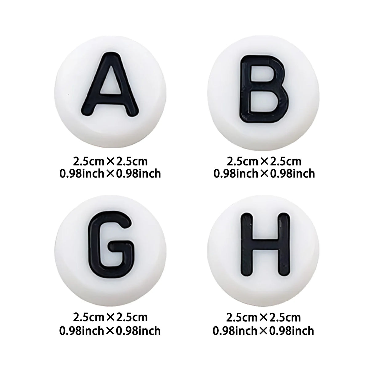 Four white alphabet letter stickers A, B, G, and H displayed on a white background.