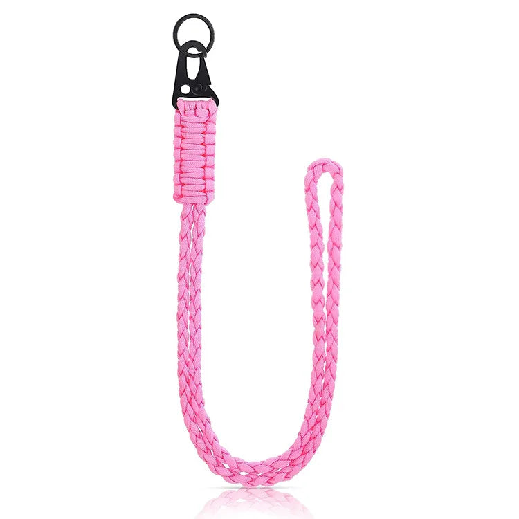 Pink heavy-duty paracord neck lanyard with a metal clip and key ring