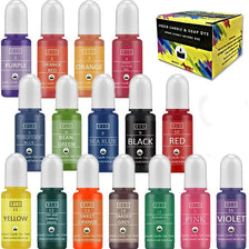 A collection of liquid candle dye kits in various colors including purple, orange, red, yellow, and pink for crafting.