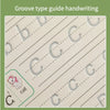 A page from a groove type handwriting practice book showing lowercase letters and the word cat for children.