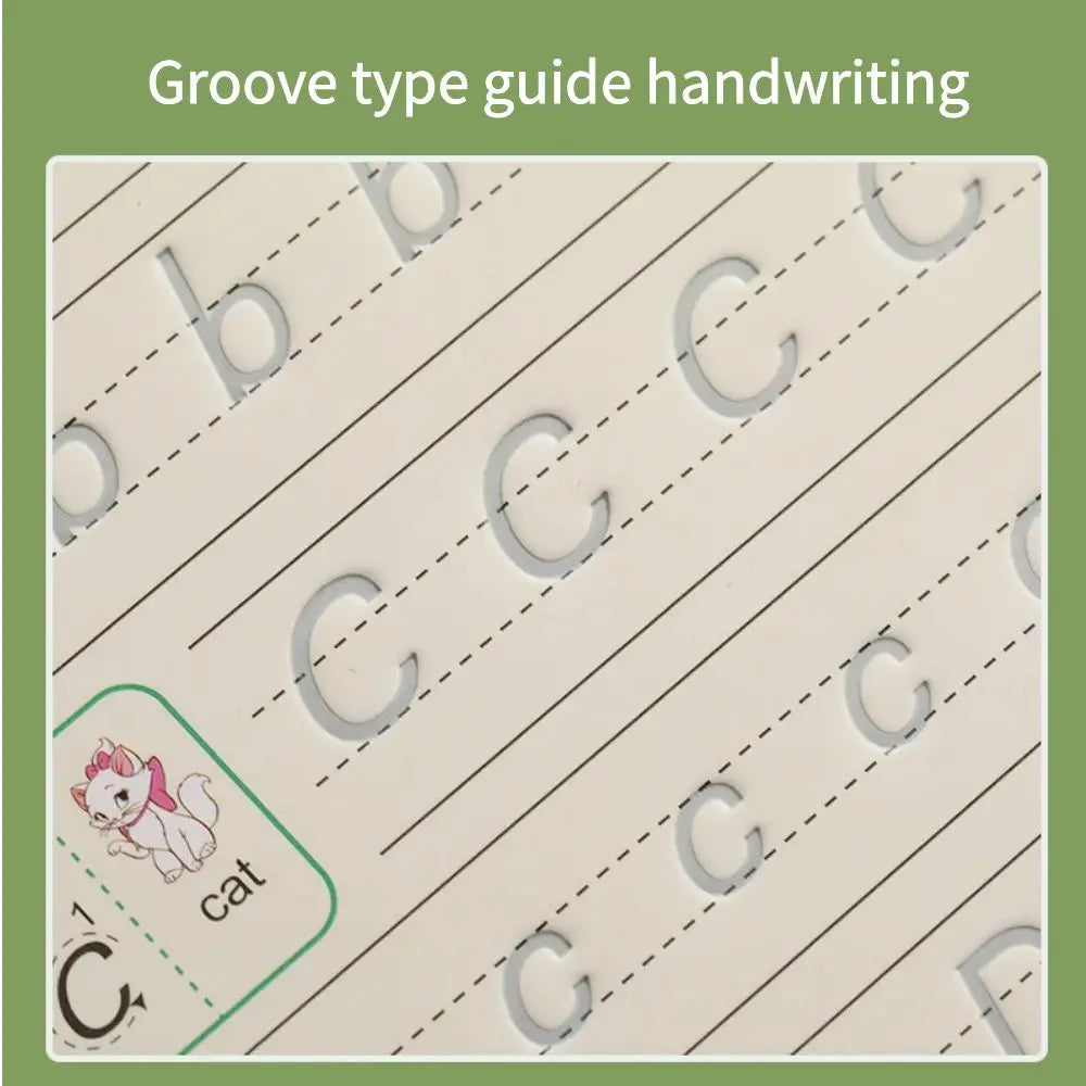 A page from a groove type handwriting practice book showing lowercase letters and the word cat for children.