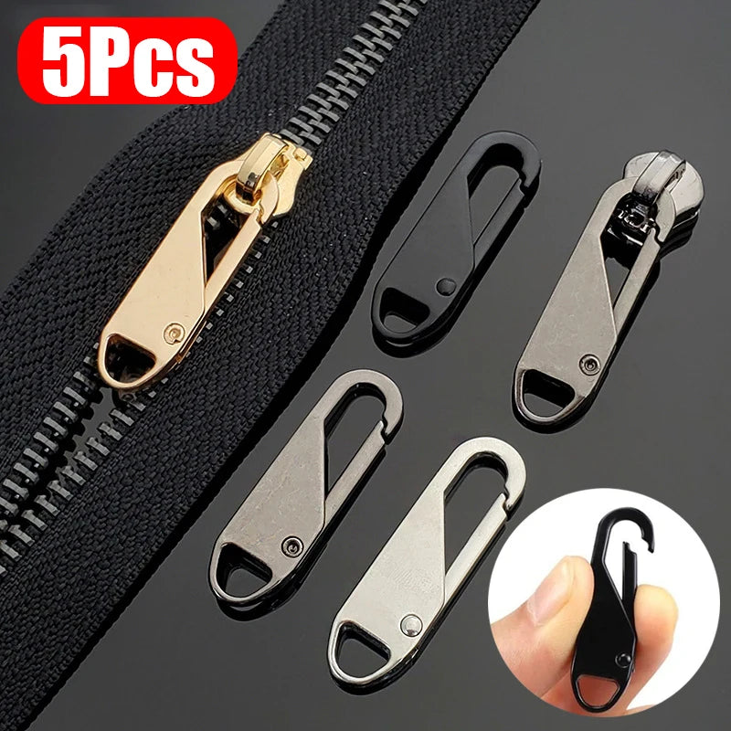 A set of five metal zipper sliders and a black zipper tape are shown for repair or replacement.